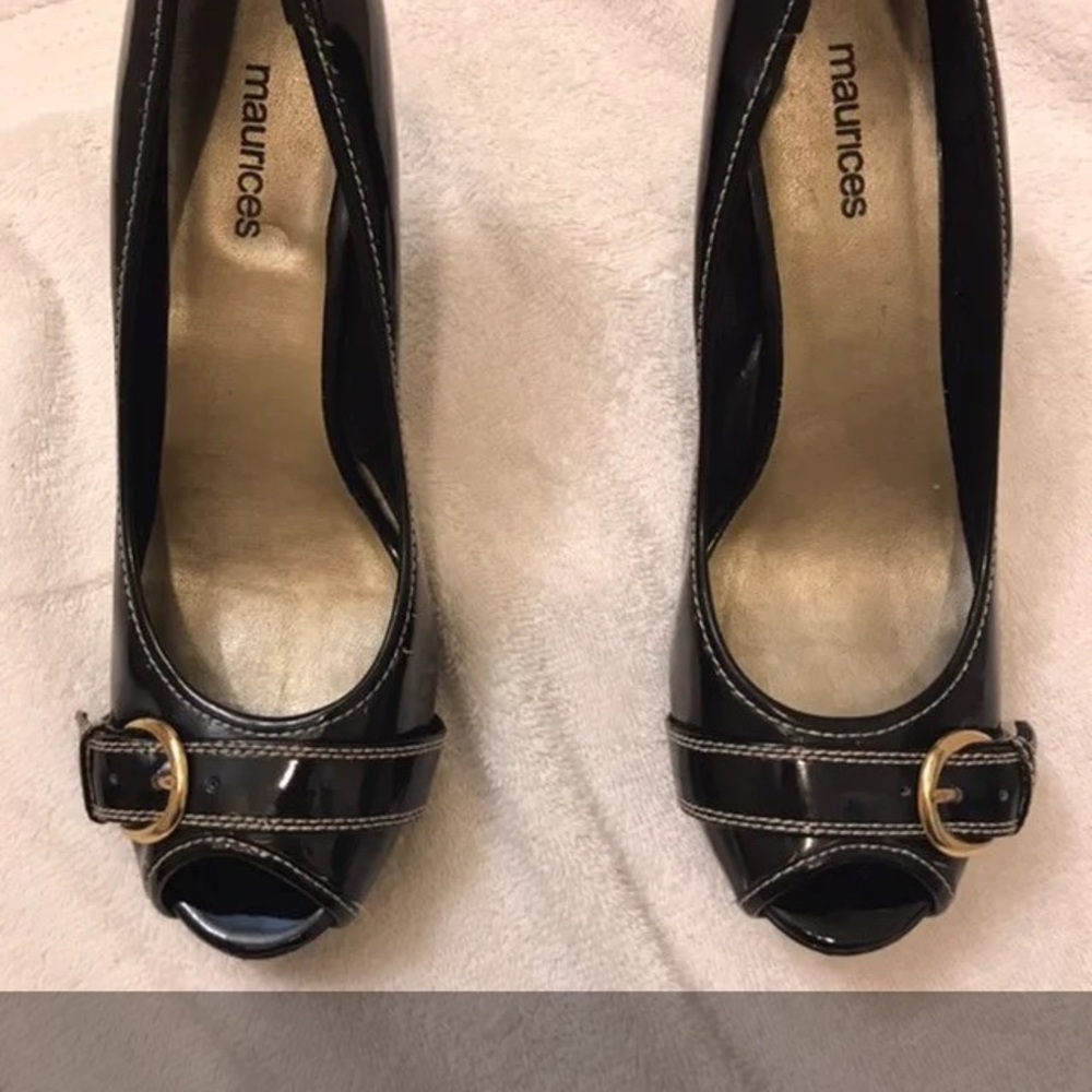 Black peep toe buckle heels